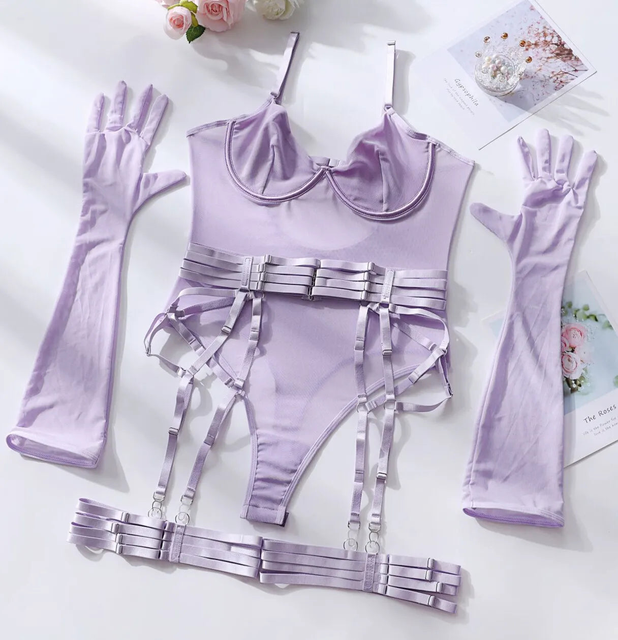 Bodysuit Sexy One-piece With Gloves Garters Mesh Women Rompers Clothing Body Suits Lace Jumpsuit Sweet Korean Women EV5W