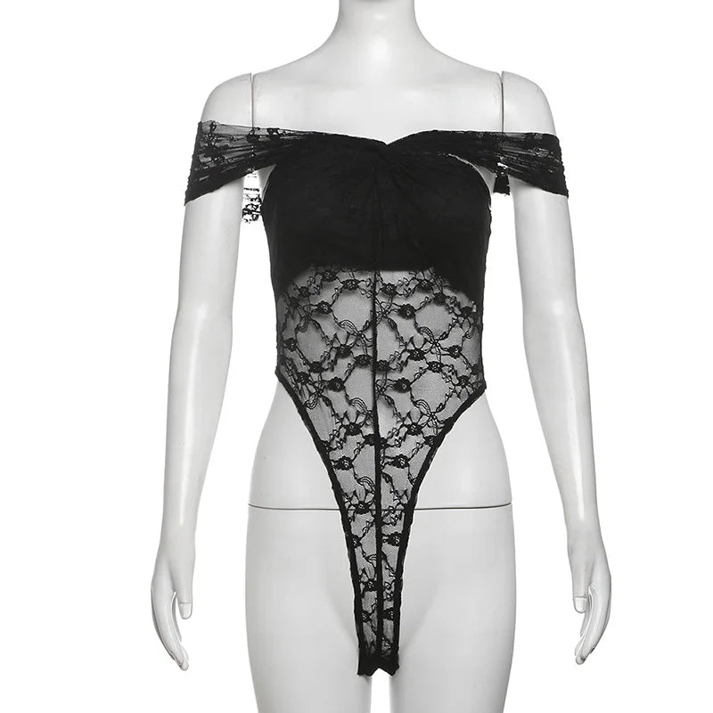 Solid Bodysuit Off Shoulder Lingerie Sexy Body Feminino See Through Lace One-pieces Bustier Black Tops Women Festival Outfits