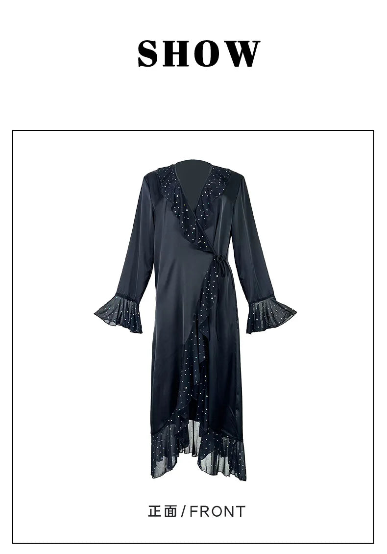 Ladies New Fashion V-neck Long-sleeved Sequined Pajamas Female Satin Nightgown Home Clothes Pijamas Women