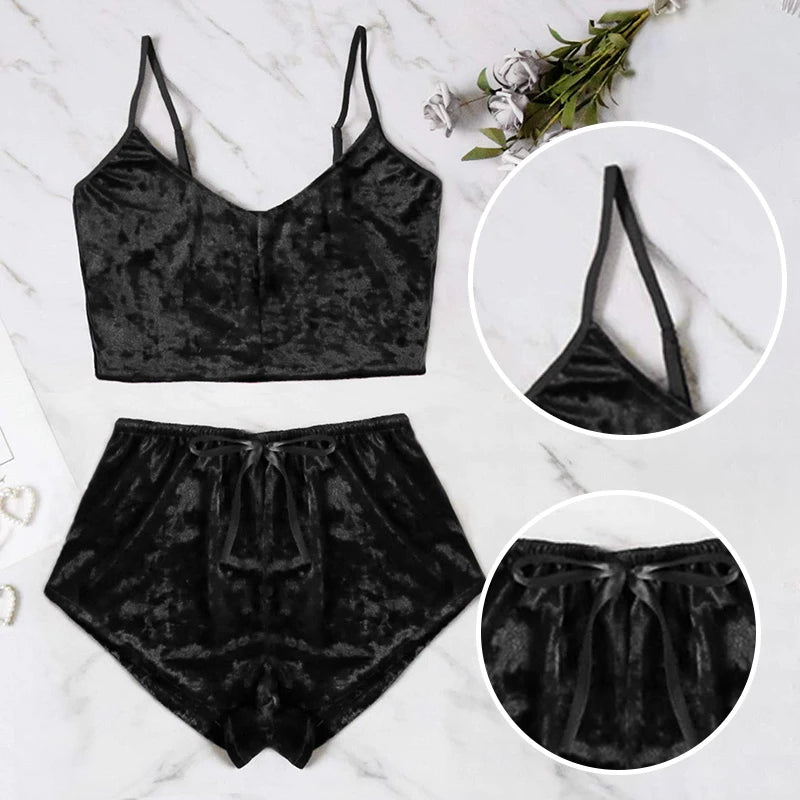 Women's Sexy Suspender Sleepwear Set Black Gold Velvet Two-Piece Set Suspender Home Women's Sleepwear Set