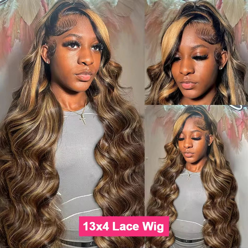 Highlight 13X4 Lace Frontal Human Hair Wigs 4/27 Ombre Colored Preplucked 30 Inch Body Wave Lace Front Wig Human Hair For Women