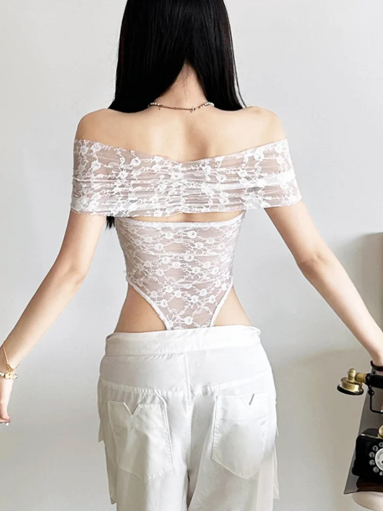 Solid Bodysuit Off Shoulder Lingerie Sexy Body Feminino See Through Lace One-pieces Bustier Black Tops Women Festival Outfits