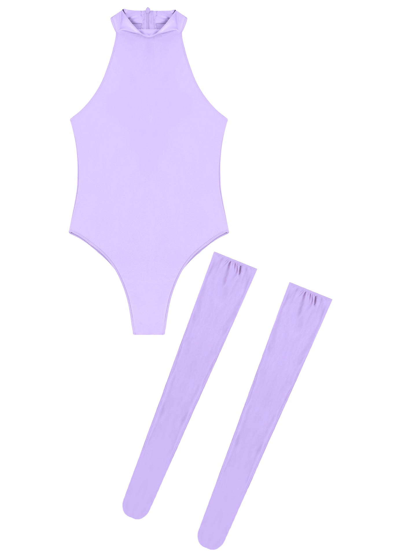 Womens Glossy Bodysuit Swimsuit Solid Color Mock Neck Sleeveless Leotard with Thigh High Stockings Swimwear Nightwear Clubwear