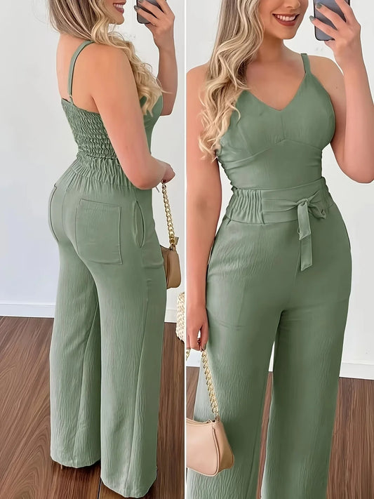 Ladies' Fashion Elegant Sleeveless Set, Solid Color Casual and Elegant Embroidered Faux Waist Belt for Women