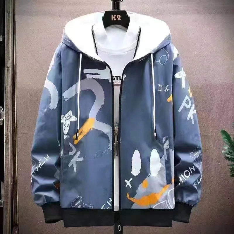 Graffiti Zipper Sweater Men's New Graffiti Hooded Jacket Versatile Loose Casual Trend Top Sunscreen Breathable Cardigan for Men