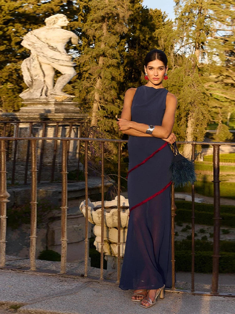 Elegant See Through Spliced Maxi Dress  O Neck Sleeveless Party Robes Tassel Side Hem Fork Vestidos 2025 New Lady Club Dresses