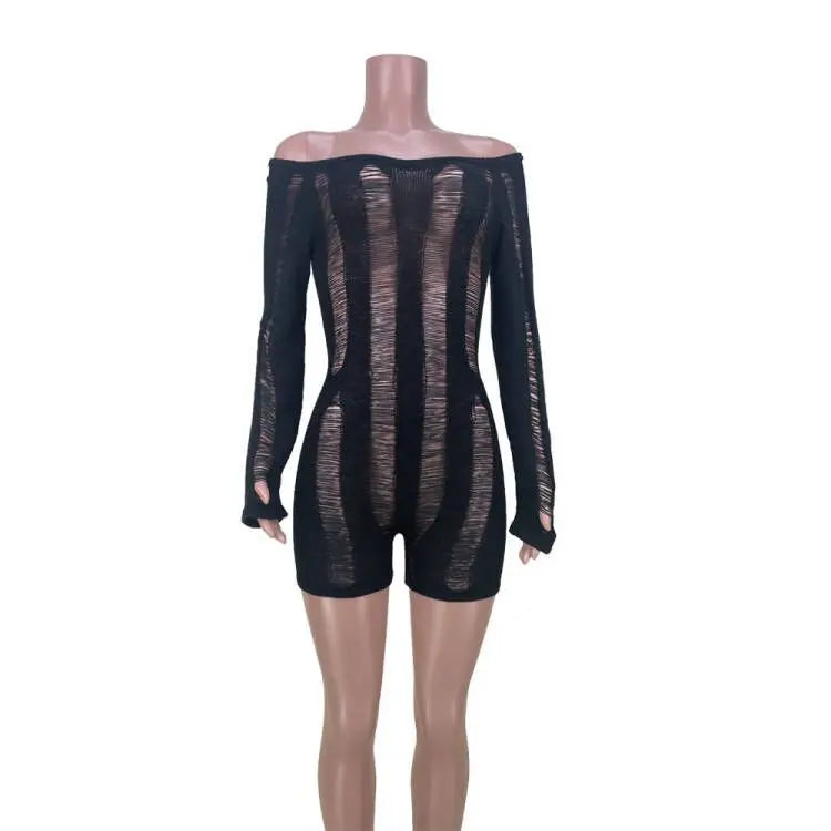 Leosoxs Rip Romper Women See Through Summer One Word Collar Backless Sexy Skinny Fitness Playsuit Activity Party Clubwear