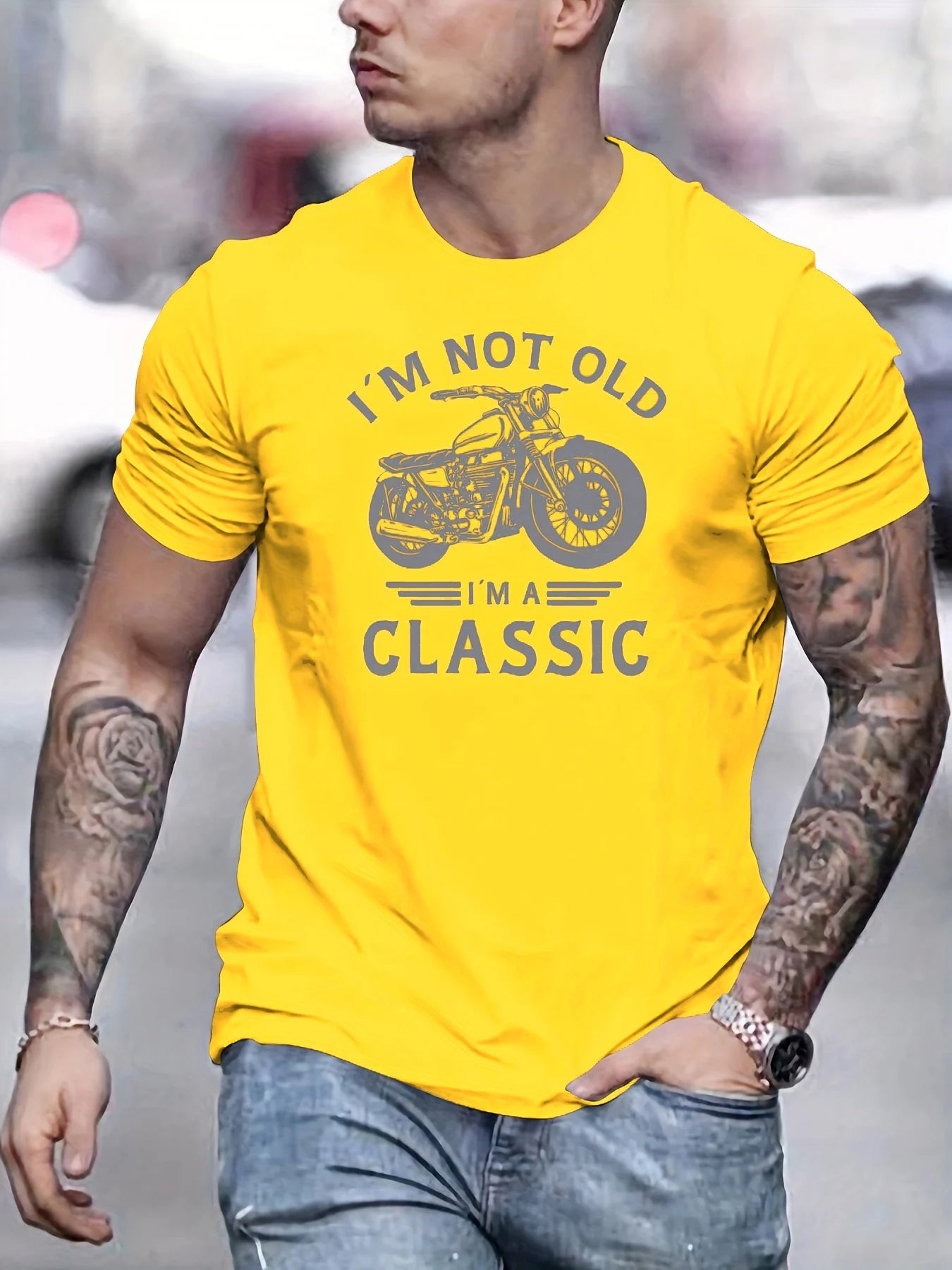 Summer men's 100% pure cotton casual loose oversized classic motorcycle creative printed round neck short sleeved T-shirt top