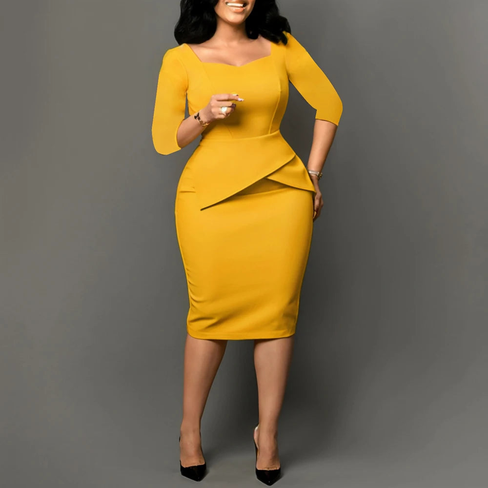 Church Dresses for Women 2025 Elegant Ladies Office Wear Casual Dress Long Sleeve Knee Length Solid Bodycon Peplum Pencil Dress