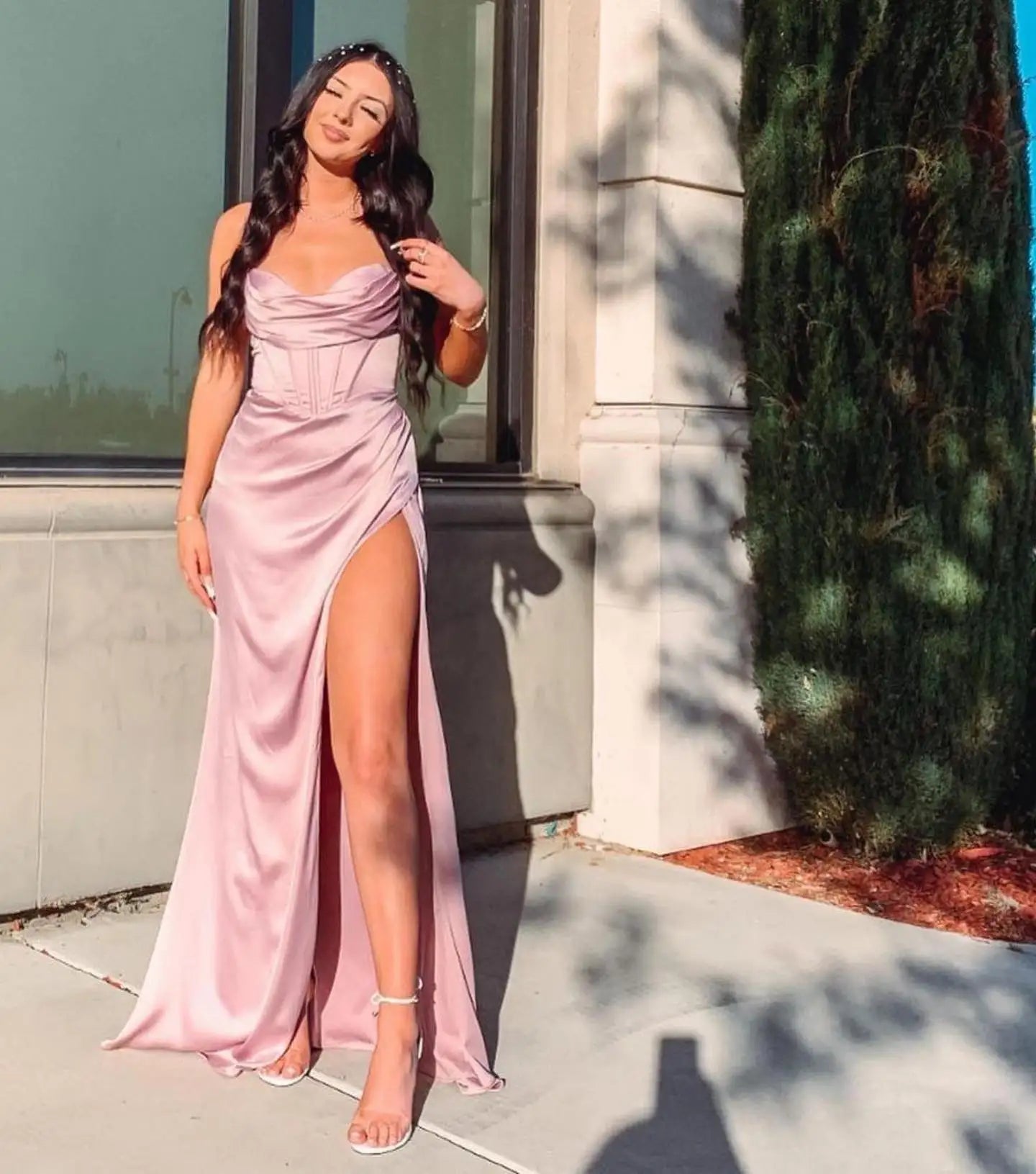 New Summer Prom Dress Women'S Sling Sleeveless Solid Color Dress One Word Neck Slim Fit Open Back Slit Red Sexy Dress