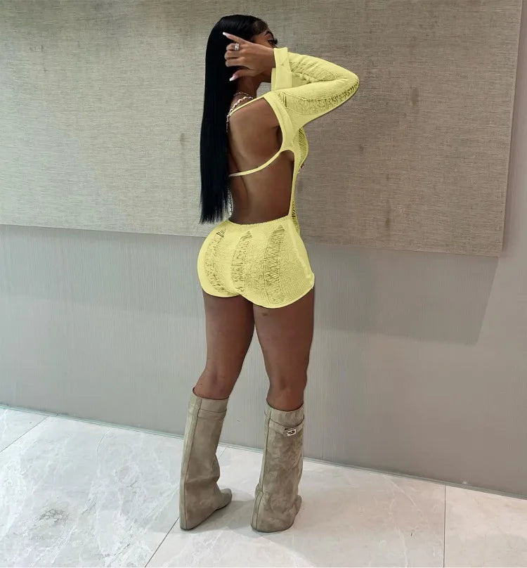 Leosoxs Rip Romper Women See Through Summer One Word Collar Backless Sexy Skinny Fitness Playsuit Activity Party Clubwear