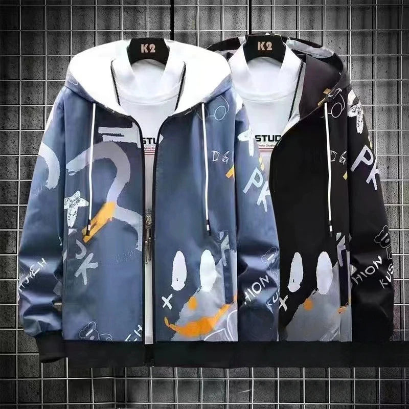 Graffiti Zipper Sweater Men's New Graffiti Hooded Jacket Versatile Loose Casual Trend Top Sunscreen Breathable Cardigan for Men
