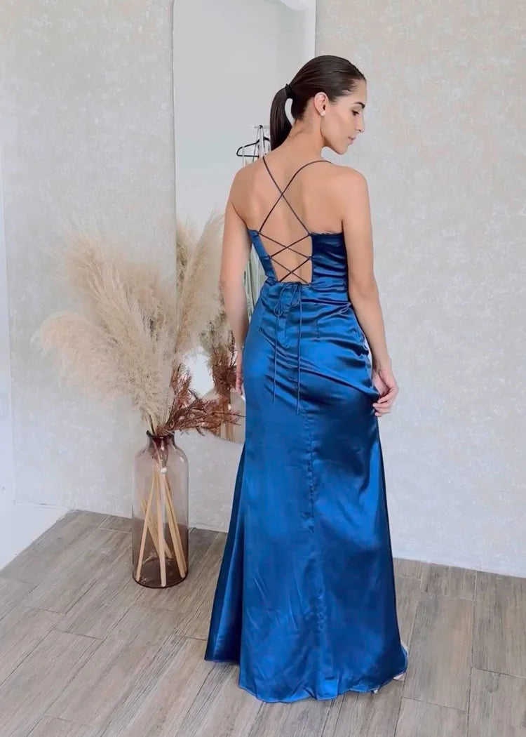 New Summer Prom Dress Women'S Sling Sleeveless Solid Color Dress One Word Neck Slim Fit Open Back Slit Red Sexy Dress