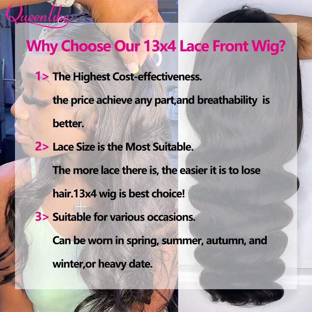 Queenlike 28inch Body Wave Human Hair Wigs for Women 13x4 Lace Frontal Wig Pre Plucked 30 38 inch Long Thick 180% Density Wig