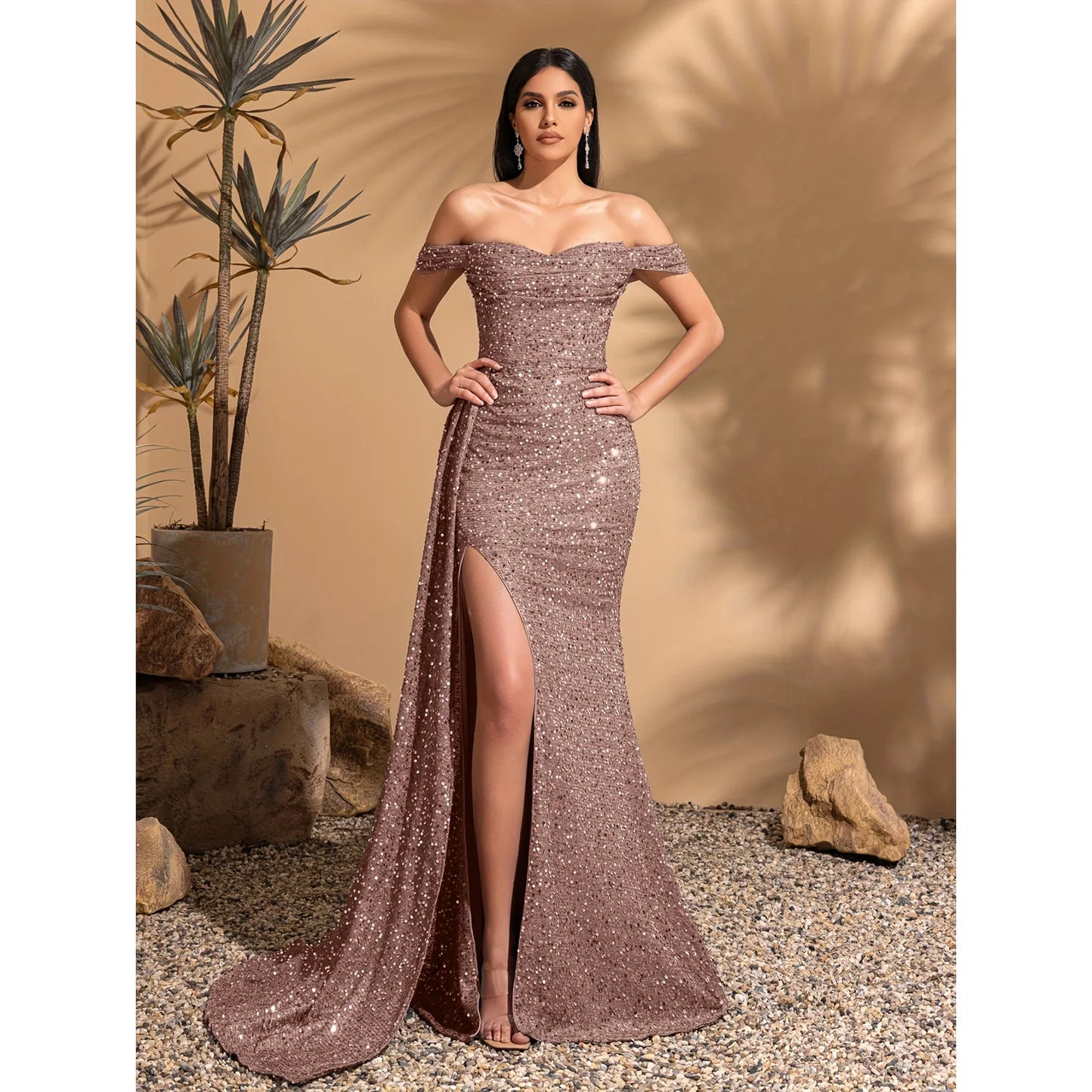 Elegant off-the-shoulder pleated side-skirt party dress