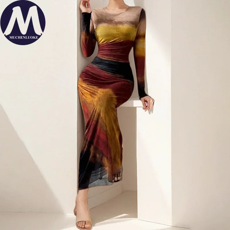 Elegant Womens Dresses Spring Autumn Sexy Stripe Long Sleeves O Neck Dress Fashionable Slim Fit High Waisted Hip Hugging Dress