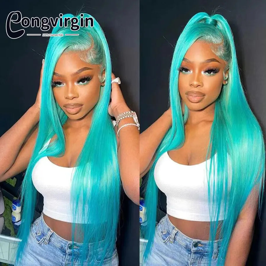 Green Wig Lace Front Human Hair Wigs Mint Green Straight Transparent Lace Front Human Hair Wigs For Women Brazilian Pre Plucked