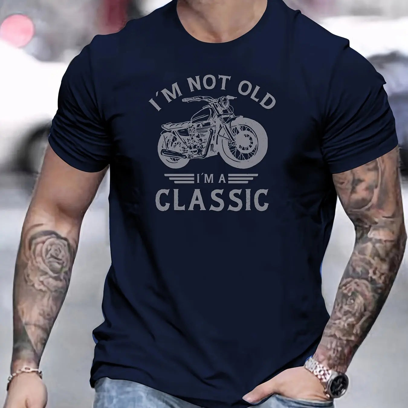 Summer men's 100% pure cotton casual loose oversized classic motorcycle creative printed round neck short sleeved T-shirt top
