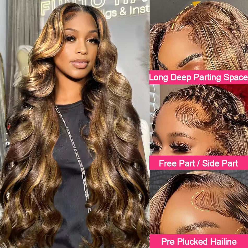 Highlight 13X4 Lace Frontal Human Hair Wigs 4/27 Ombre Colored Preplucked 30 Inch Body Wave Lace Front Wig Human Hair For Women