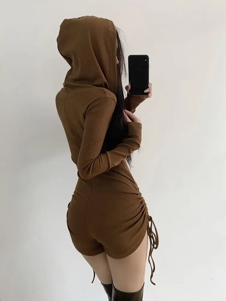 New Women Sexy Wasteland Style Hooded Rompers Spring Summer Solid Color Thin Long Sleeve Drawstring Shorts Spicy Girl Jumpsuit