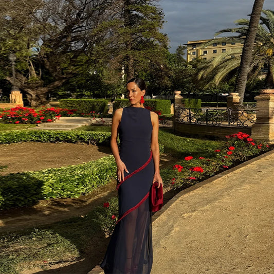 Elegant See Through Spliced Maxi Dress  O Neck Sleeveless Party Robes Tassel Side Hem Fork Vestidos 2025 New Lady Club Dresses