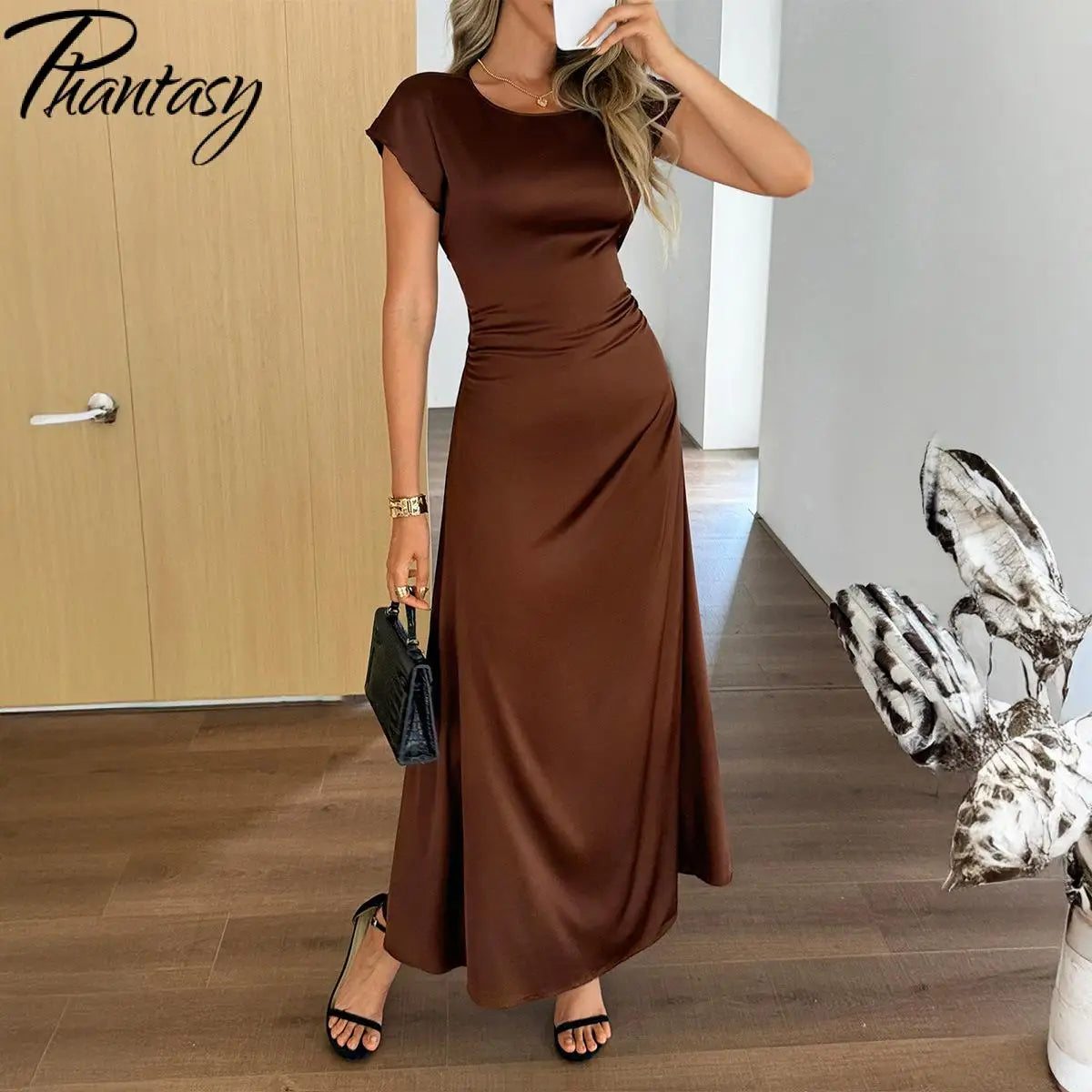 Phantasy Elegant Temperament Dresses Fashion Short Sleeved Solid Color Casual Long Skirt Slim Fit Long Dress Female Clothing ﻿