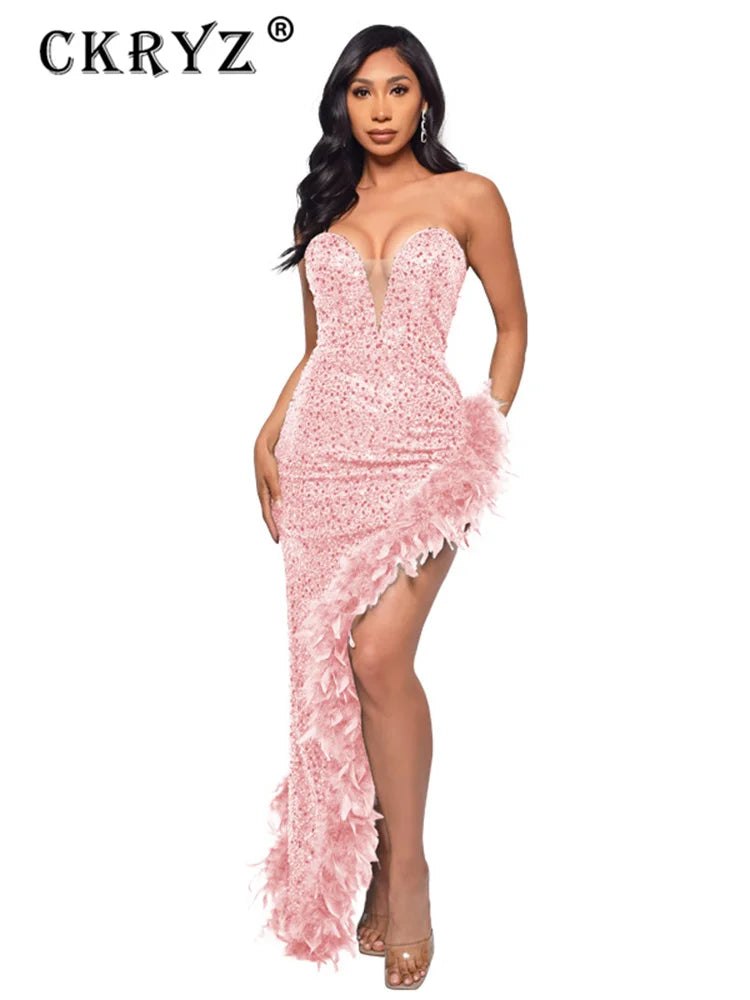 Ladies Summer Elegant Evening Party Dress Women Sleeveless Backless Tube Side Slit Long Dress Woman Clothes Birthday Clubwear