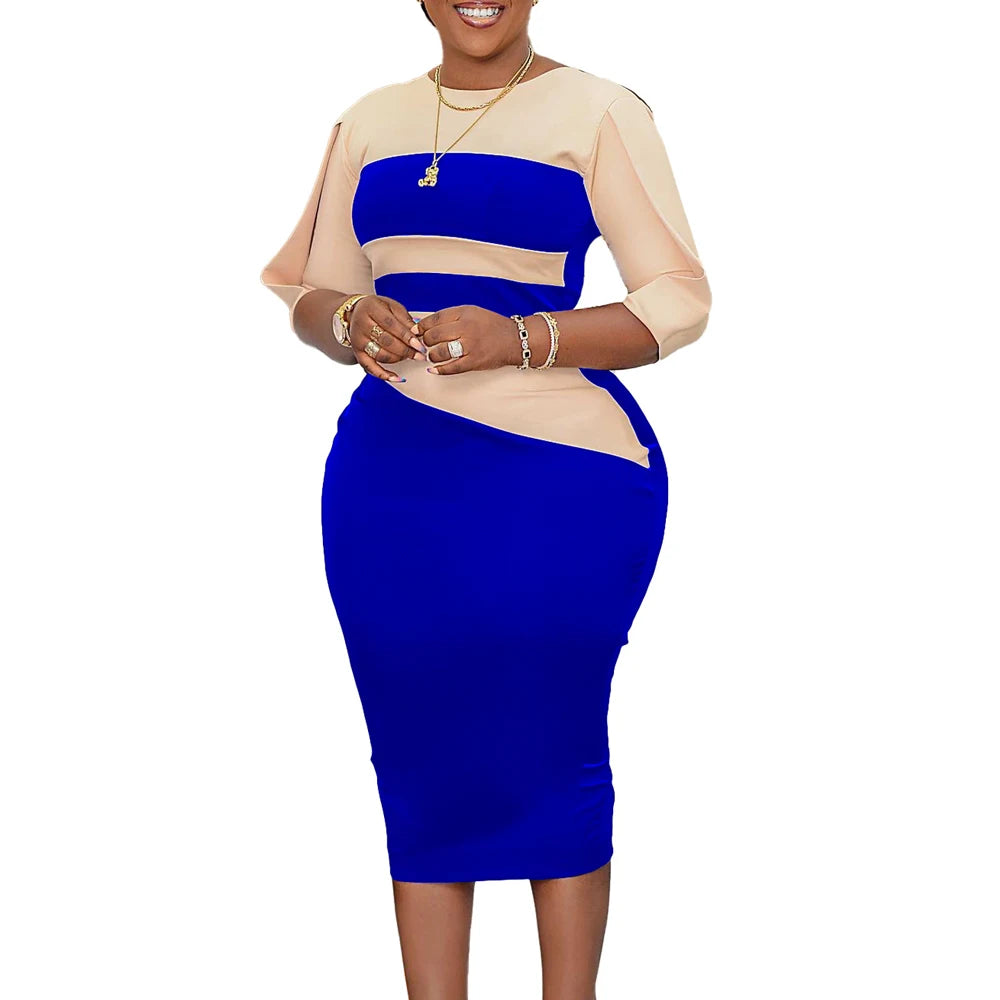 Elegant Church Dresses for Women 2023 New Arrivals Fashion Two Color Patchwork Fitted Ladies Knee Length Formal African Dress