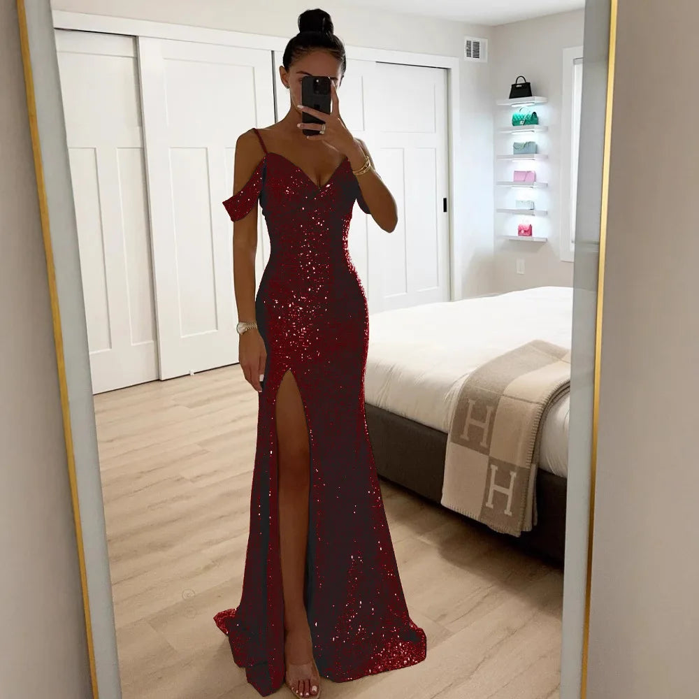 Ladies Fashion V Neck Shiny Sequin Party Dress Elegant Wrap Chest Slim Long Dress 2025 Casual Solid Color Split Evening Dresses