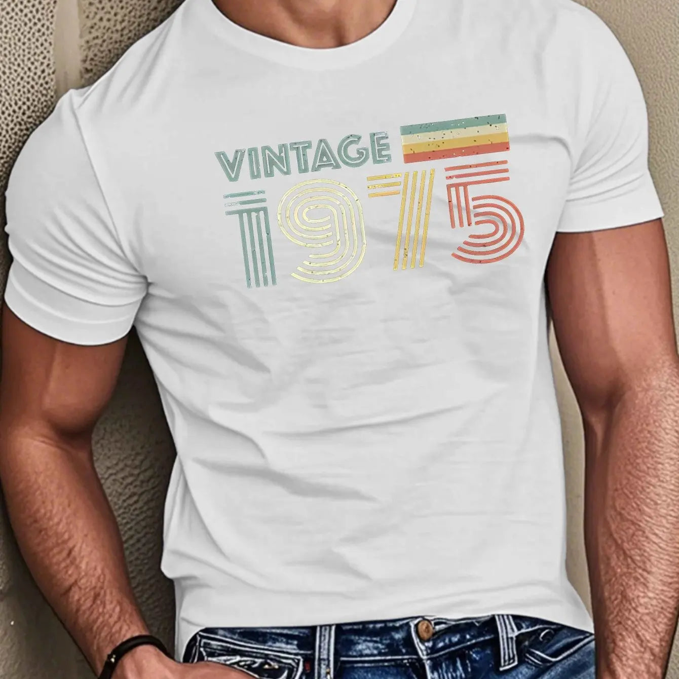 Men's summer 100% pure cotton fashionable casual loose vintage 1975 letter printed sports round neck short sleeved T-shirt top