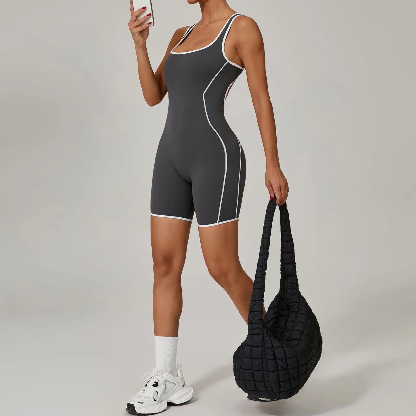 New Women's Seamless Yoga Romper - Fashion Open Back Color Contrast Sculpting Butt-Lifting Bodysuit for Running Gym Workout
