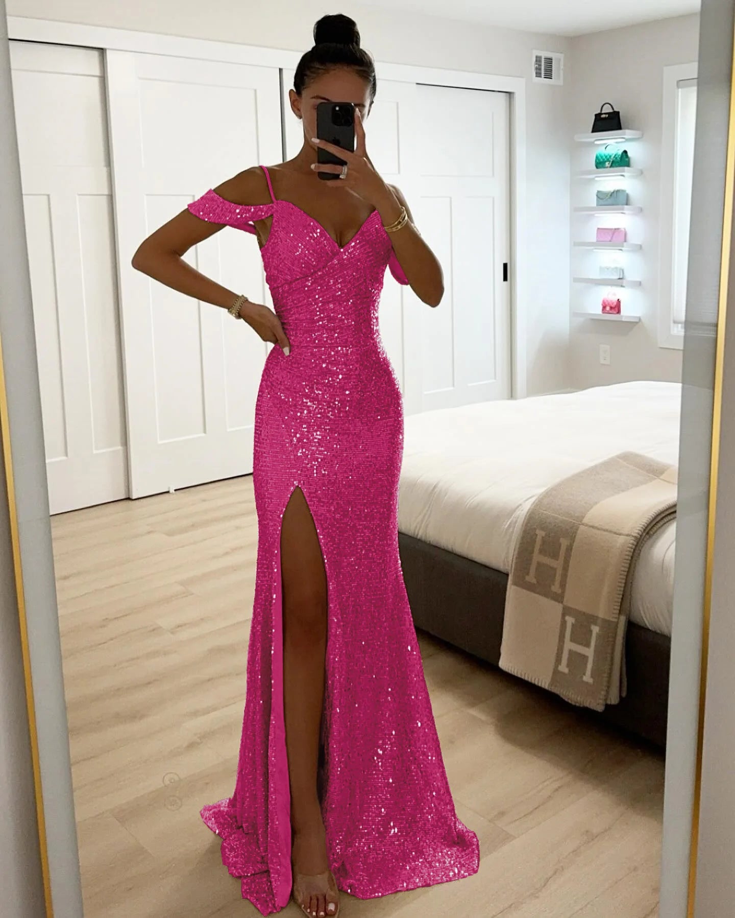 Ladies Fashion V Neck Shiny Sequin Party Dress Elegant Wrap Chest Slim Long Dress 2025 Casual Solid Color Split Evening Dresses