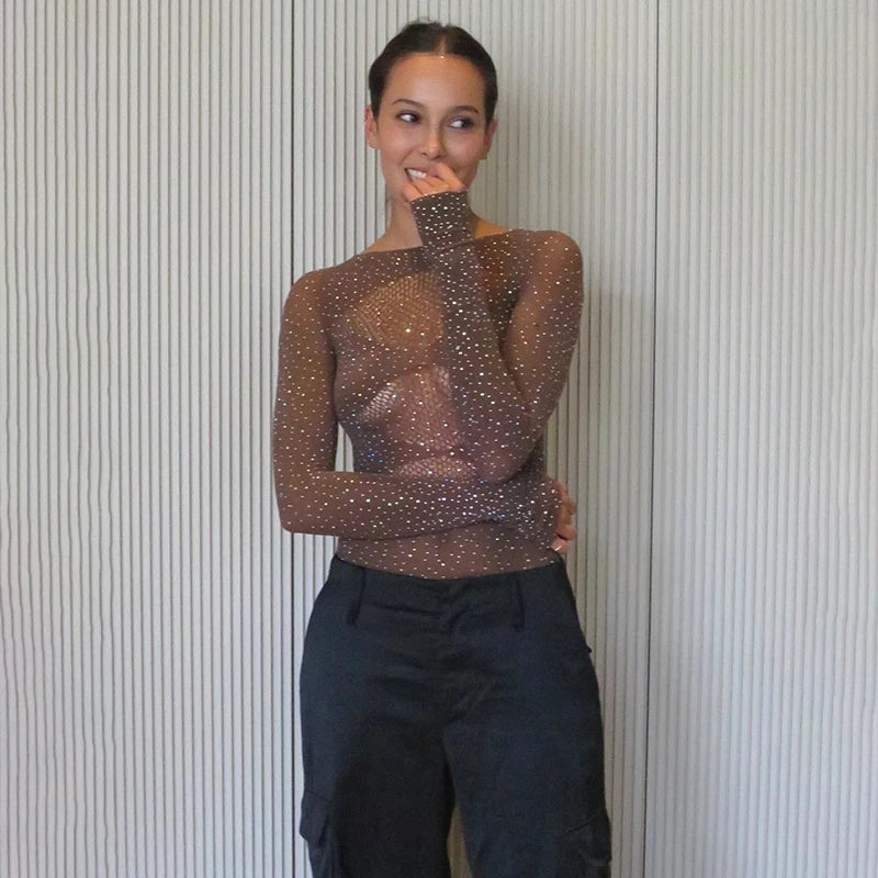 Long sleeve bodysuits sexy Summer outfit body suits women y2k clothes black bodysuit knitted rhinestone body suits seethrough