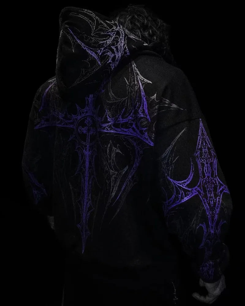 Y2K High Street Gothic Harajuku Dark style cross men hoodie American fashion punk large pattern clothing trendy loose sweatshirt