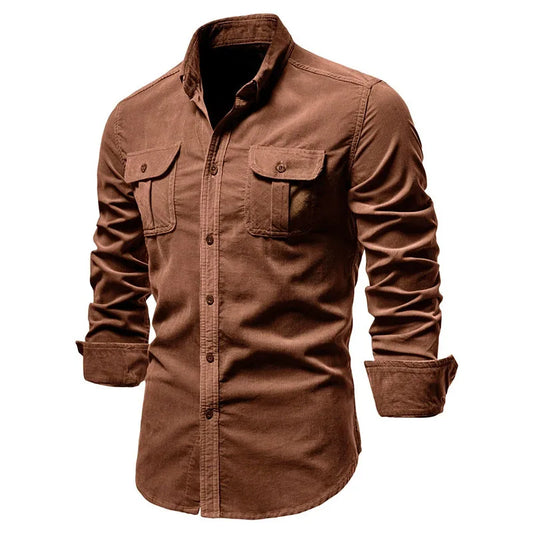 Men's Corduroy Casual Shirt Jacket Classic Button-Up Long Sleeve with Double Pockets Shirts Vintage Turndown Collar Clothing Top