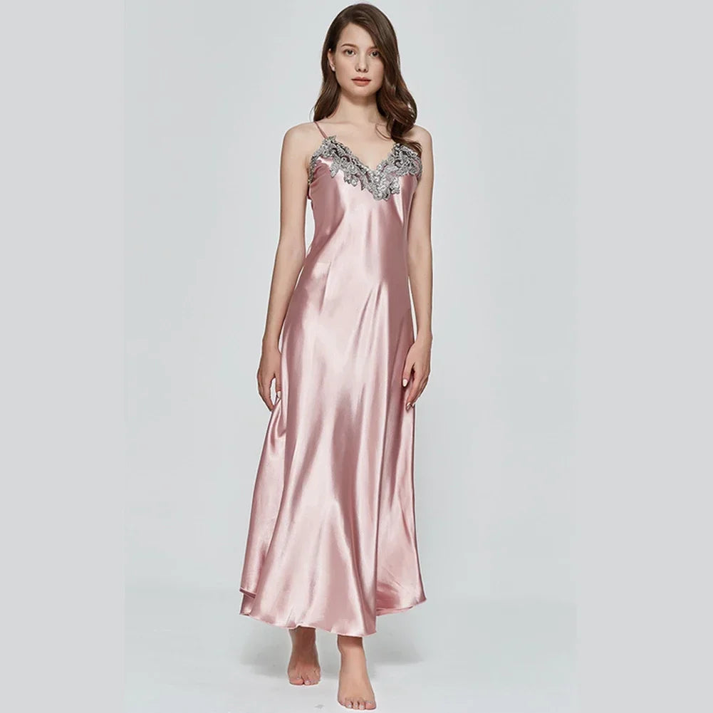 Ladies Night Long Hot Dress Womens Satin Silk Lace Sleeveless Embroidery Sexy Costumes Exotic Pajamas Favorite Life Interest