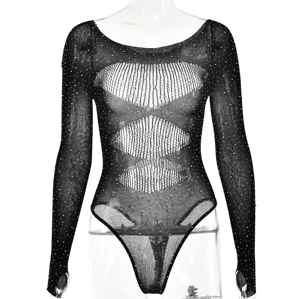 Long sleeve bodysuits sexy Summer outfit body suits women y2k clothes black bodysuit knitted rhinestone body suits seethrough