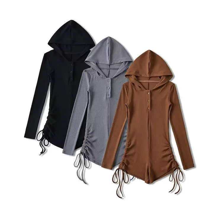 New Women Sexy Wasteland Style Hooded Rompers Spring Summer Solid Color Thin Long Sleeve Drawstring Shorts Spicy Girl Jumpsuit