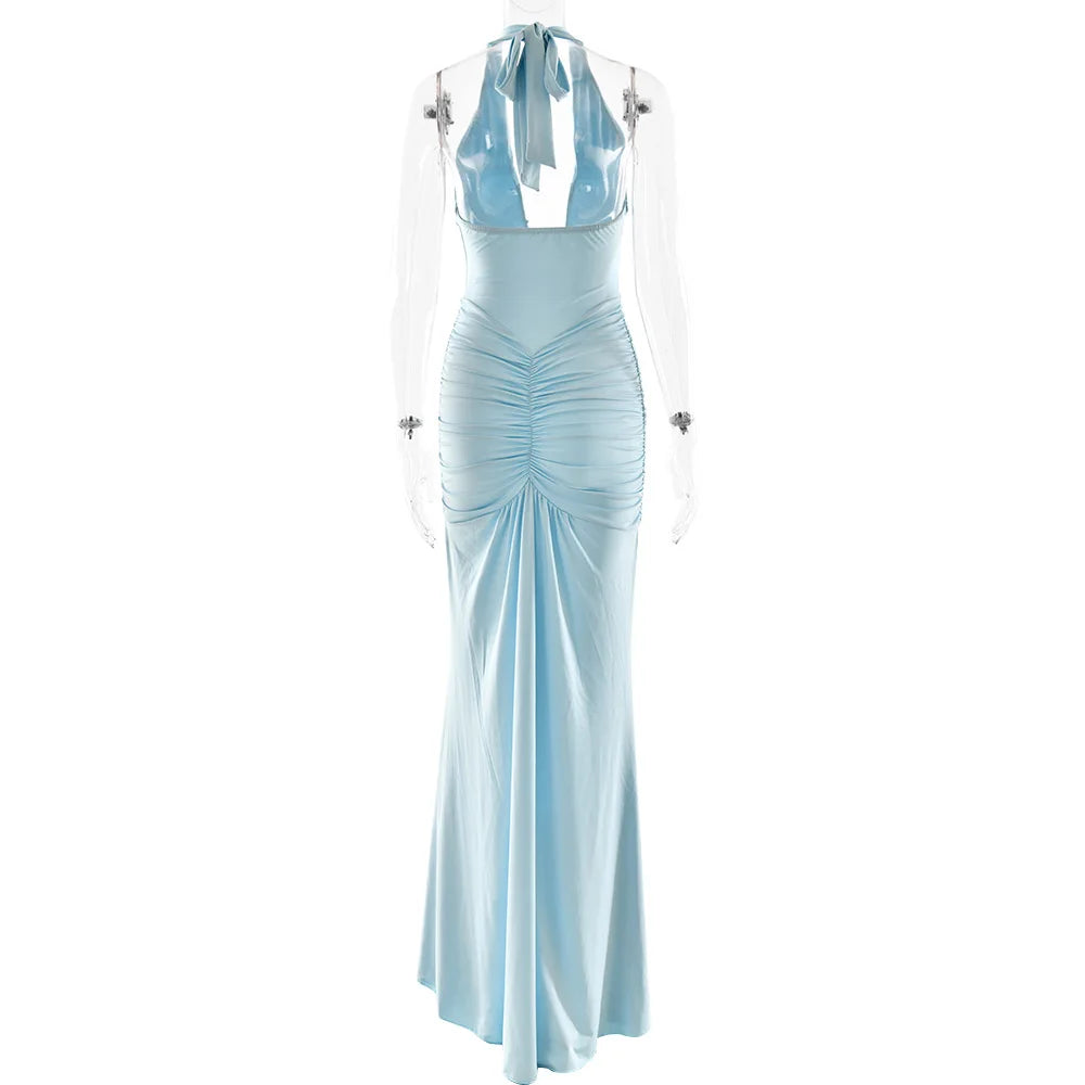 Suninbox Deep V Neck Backless Ruched Sexy Maxi Dress Women Gown Summer Halter Sleeveless Draped Club Party Long Dress 2025