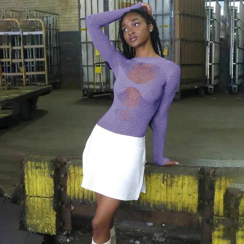 Long sleeve bodysuits sexy Summer outfit body suits women y2k clothes black bodysuit knitted rhinestone body suits seethrough