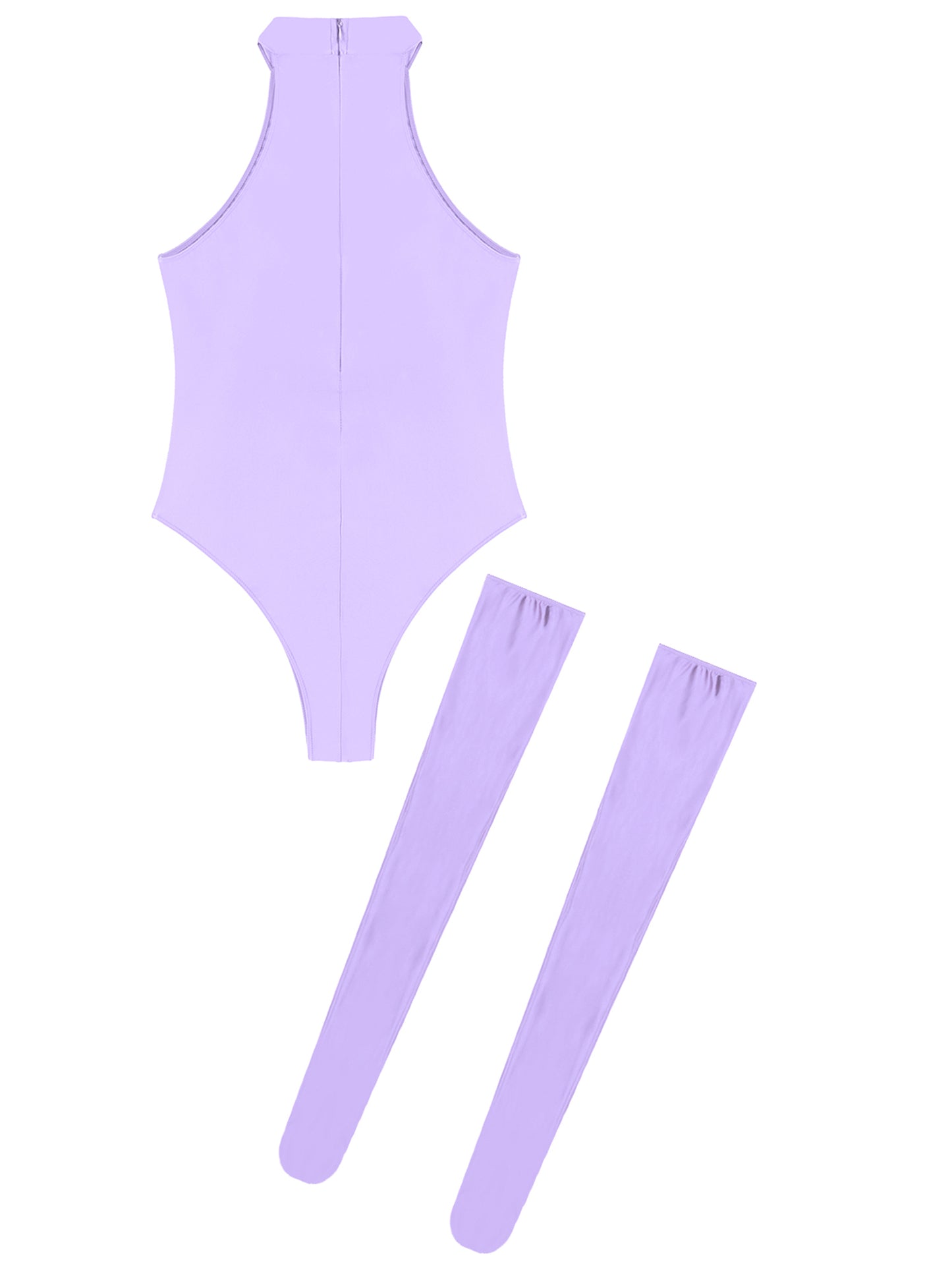 Womens Glossy Bodysuit Swimsuit Solid Color Mock Neck Sleeveless Leotard with Thigh High Stockings Swimwear Nightwear Clubwear