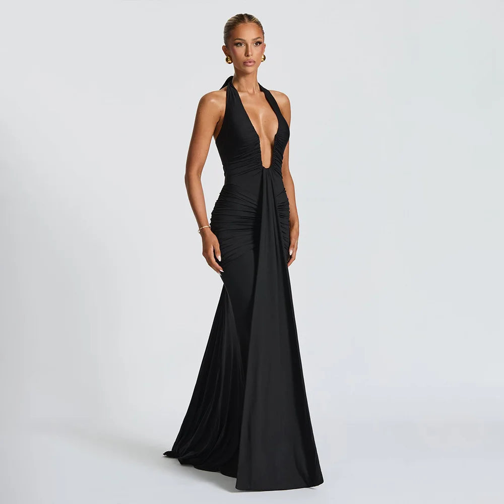 Suninbox Deep V Neck Backless Ruched Sexy Maxi Dress Women Gown Summer Halter Sleeveless Draped Club Party Long Dress 2025