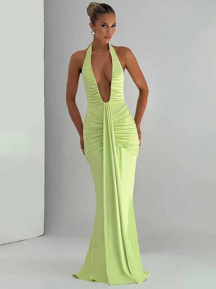 Suninbox Deep V Neck Backless Ruched Sexy Maxi Dress Women Gown Summer Halter Sleeveless Draped Club Party Long Dress 2025