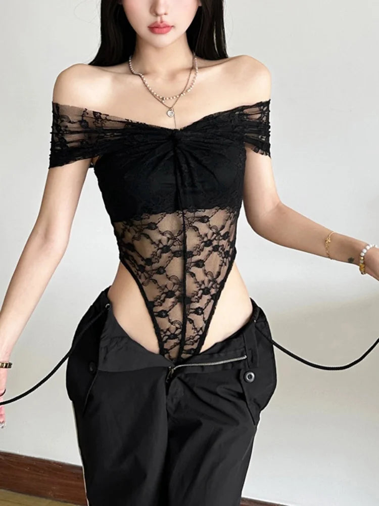 Solid Bodysuit Off Shoulder Lingerie Sexy Body Feminino See Through Lace One-pieces Bustier Black Tops Women Festival Outfits