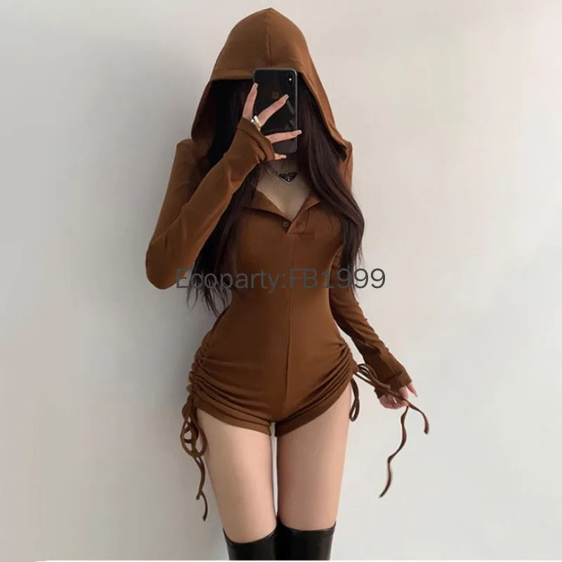 New Women Sexy Wasteland Style Hooded Rompers Spring Summer Solid Color Thin Long Sleeve Drawstring Shorts Spicy Girl Jumpsuit