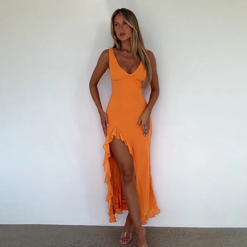 Ladies Summer Ruffle Evening Birthday Party Dress Women Sleeveless Backless Side Slit Long Dresses Clubwear Woman Clothes 2025