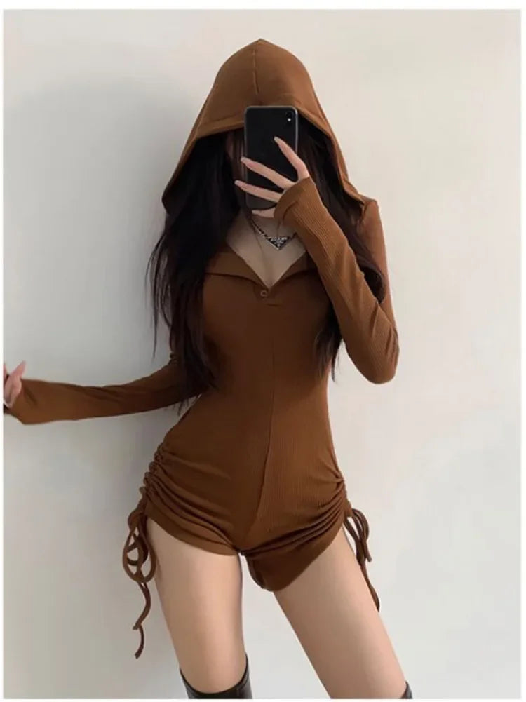 New Women Sexy Wasteland Style Hooded Rompers Spring Summer Solid Color Thin Long Sleeve Drawstring Shorts Spicy Girl Jumpsuit