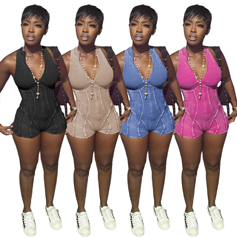 Women Ribbed 1 Piece Rompers 2025 Summer Casual Washed Retro Playsuits Street Clothes Sexy V Neck Sleeveless Bodycon Jumpsuits