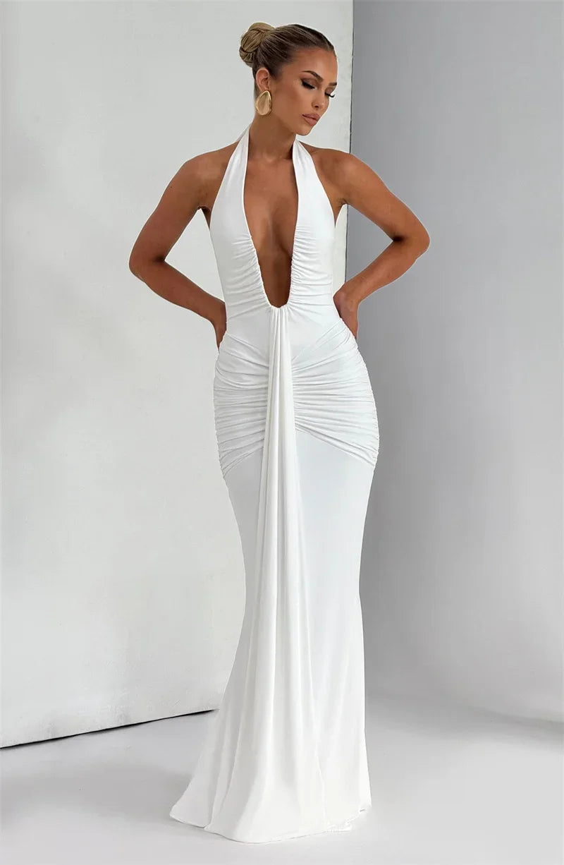 Suninbox Deep V Neck Backless Ruched Sexy Maxi Dress Women Gown Summer Halter Sleeveless Draped Club Party Long Dress 2025