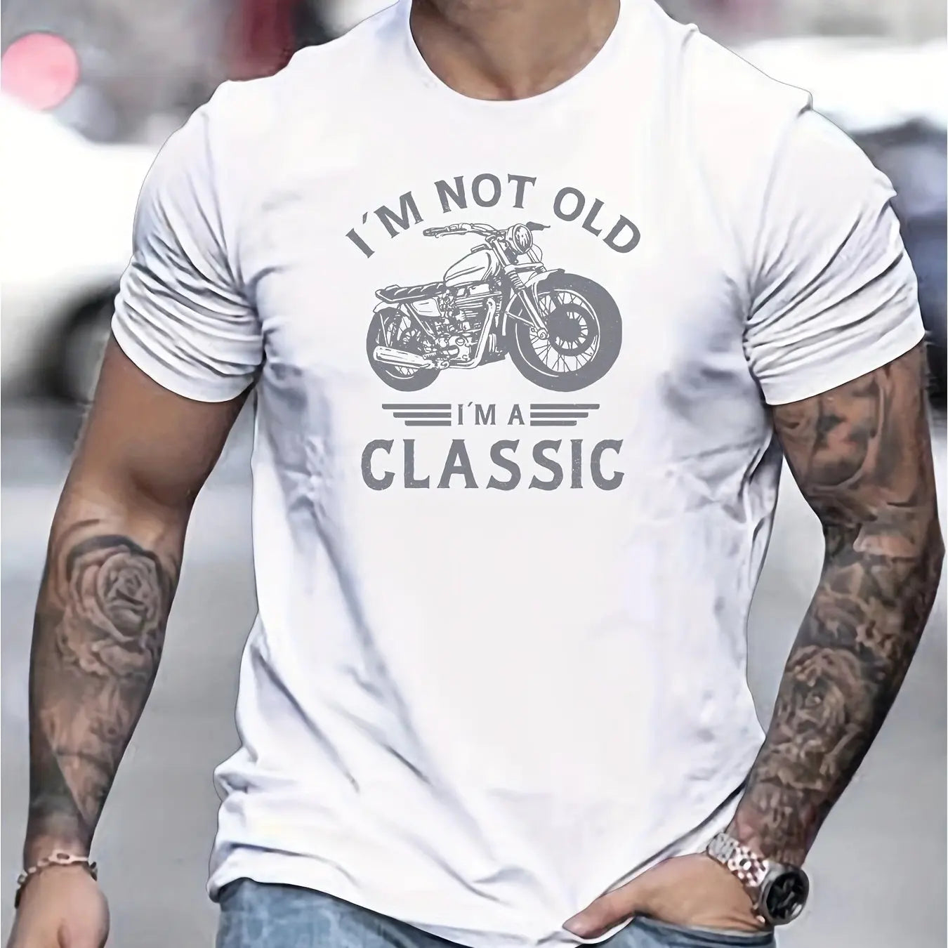 Summer men's 100% pure cotton casual loose oversized classic motorcycle creative printed round neck short sleeved T-shirt top